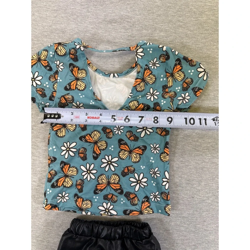 Infant Toddler Butterfly Floral‎ Top and Black Bummies 2 Piece Set Teal